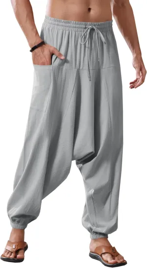 Runcati Mens Harem Pants Baggy Hippie Casual Cotton Linen Loose Boho Yoga Beach Drop Crotch Trouser
