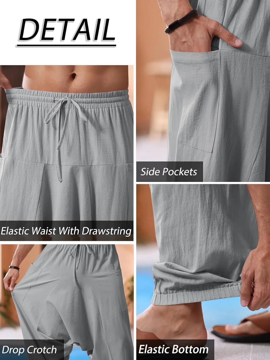 Runcati Mens Harem Pants Baggy Hippie Casual Cotton Linen Loose Boho Yoga Beach Drop Crotch Trouser