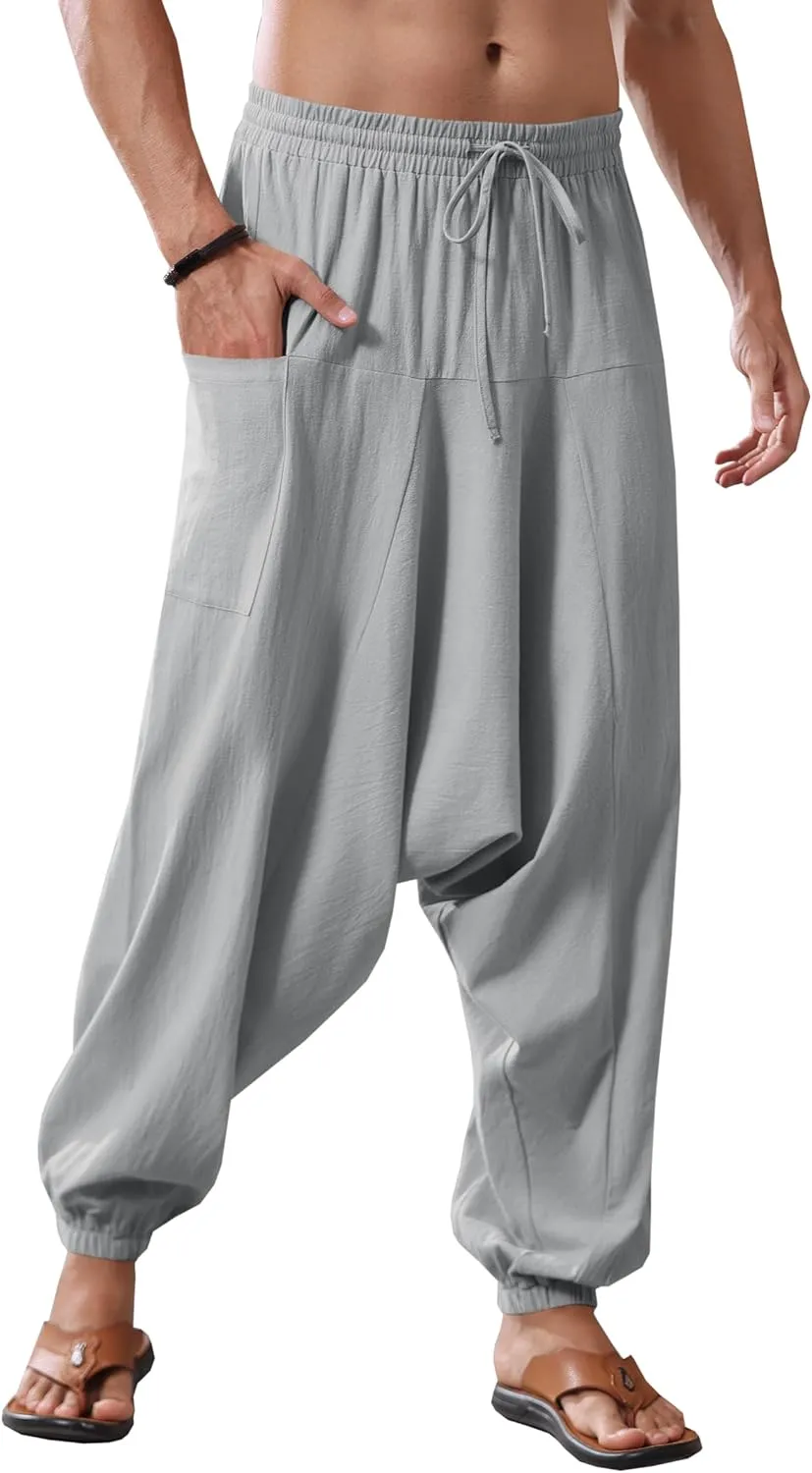 Runcati Mens Harem Pants Baggy Hippie Casual Cotton Linen Loose Boho Yoga Beach Drop Crotch Trouser