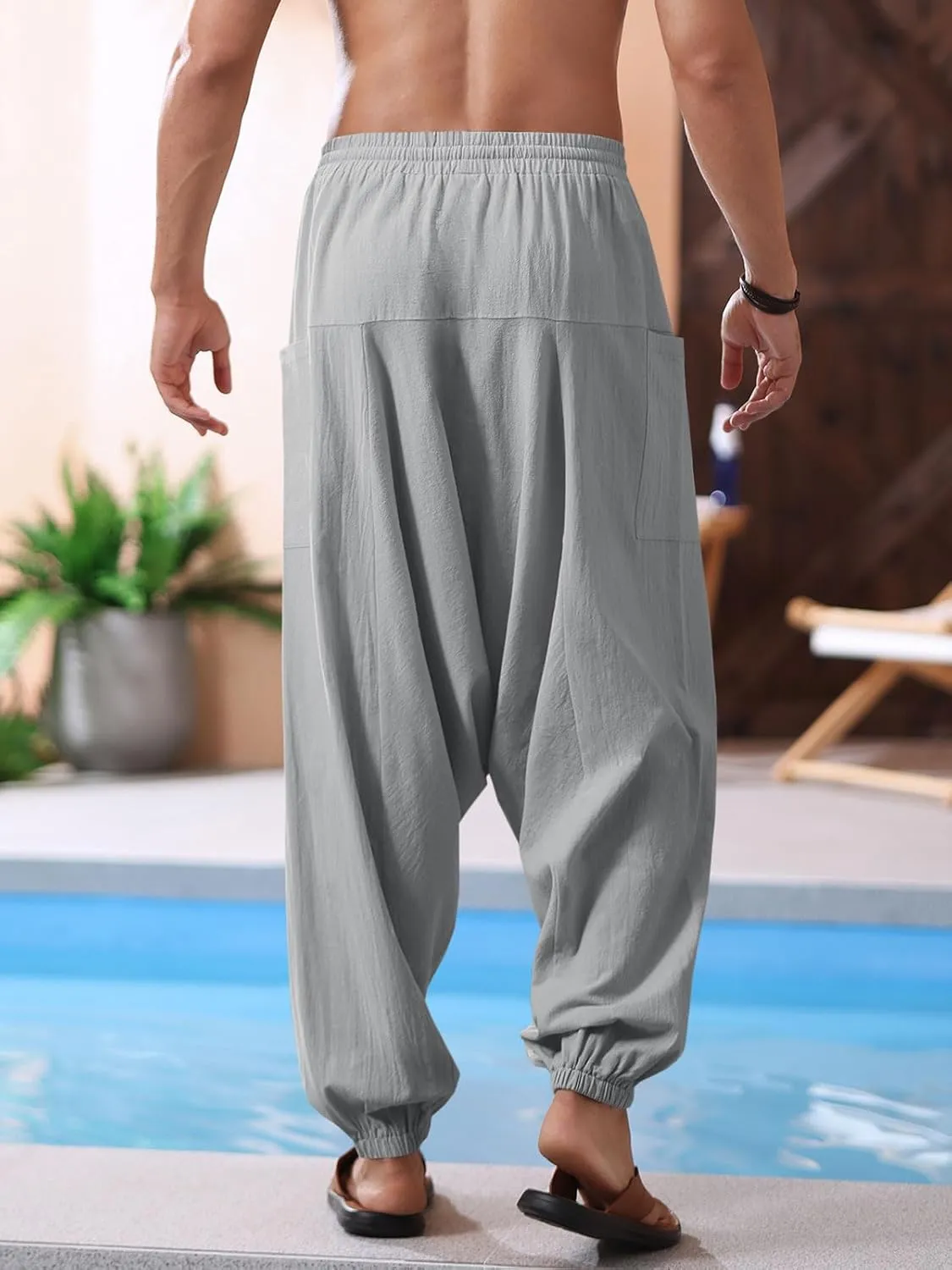 Runcati Mens Harem Pants Baggy Hippie Casual Cotton Linen Loose Boho Yoga Beach Drop Crotch Trouser