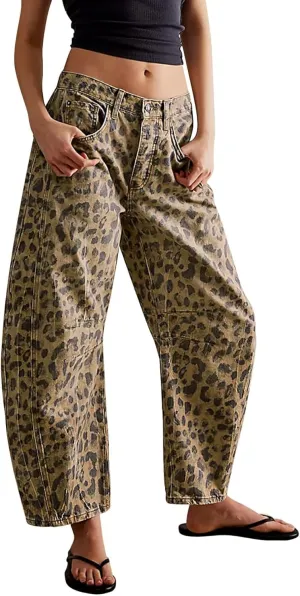 SAFRISIOR Leopard Jeans for Women Baggy Barrel Pants Mid Rise Cheetah Print Ankle Wide Leg Y2k Denim Trousers with Pockets
