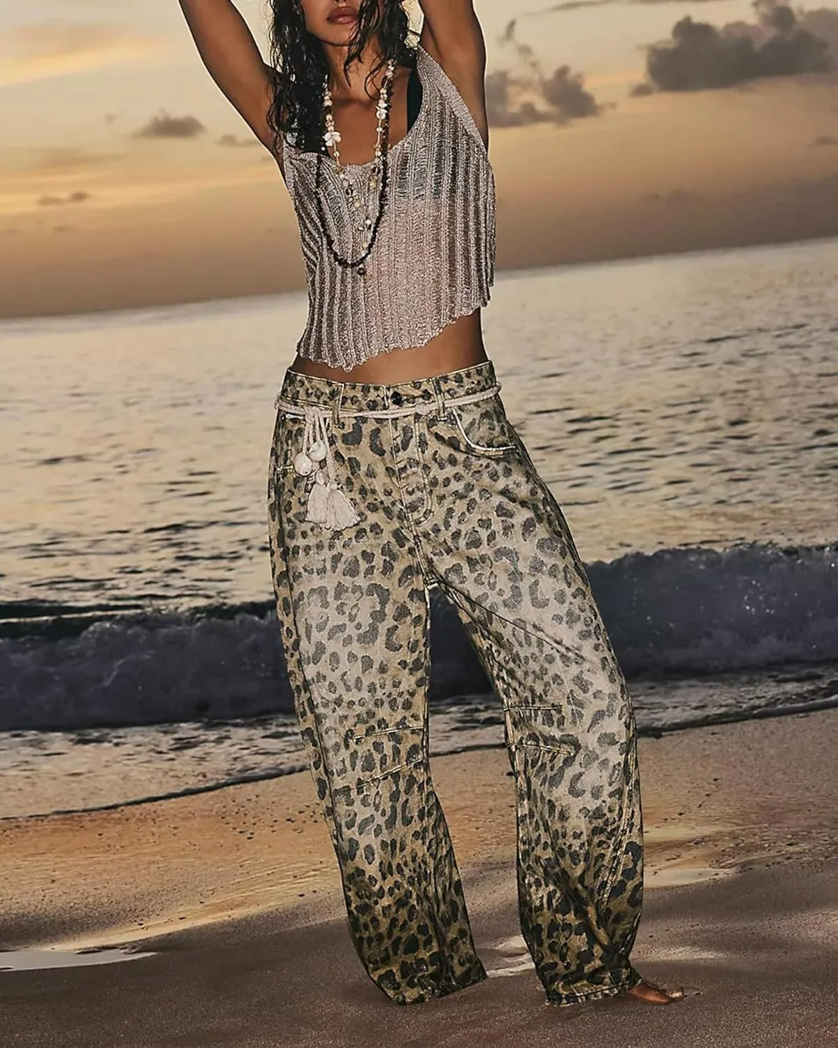 SAFRISIOR Leopard Jeans for Women Baggy Barrel Pants Mid Rise Cheetah Print Ankle Wide Leg Y2k Denim Trousers with Pockets
