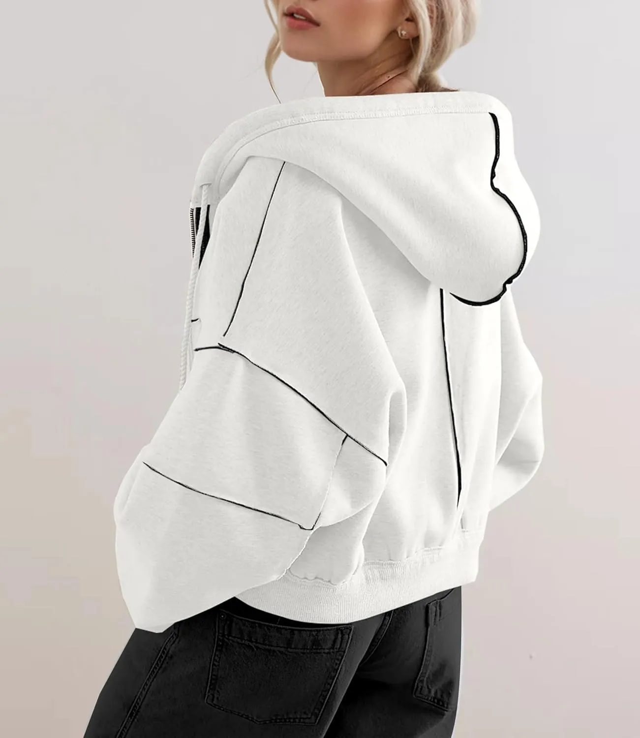 SAFRISIOR Women Zip Up Hoodies Fleece Crop Jackets Sweatshirt Long Sleeve Drawstring Hooded Pullover Sweaters