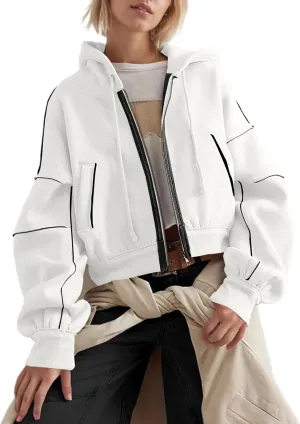 SAFRISIOR Women Zip Up Hoodies Fleece Crop Jackets Sweatshirt Long Sleeve Drawstring Hooded Pullover Sweaters