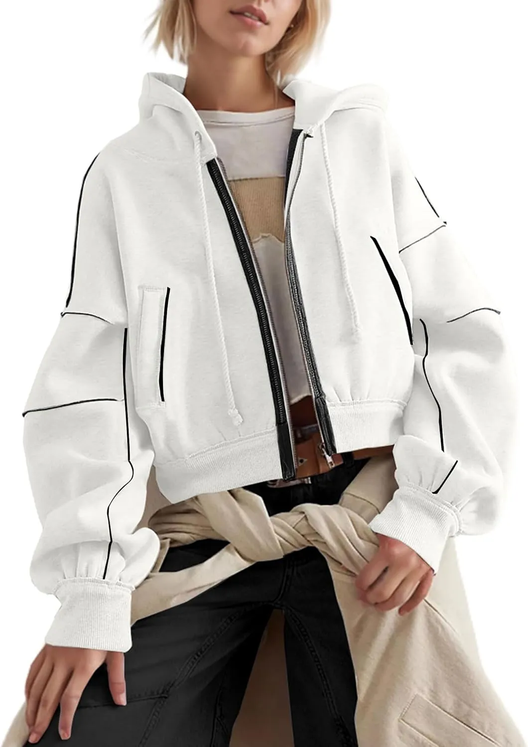 SAFRISIOR Women Zip Up Hoodies Fleece Crop Jackets Sweatshirt Long Sleeve Drawstring Hooded Pullover Sweaters