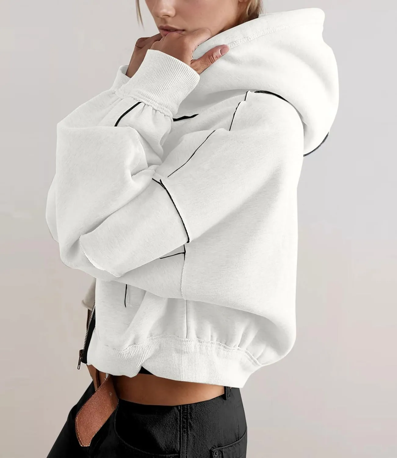 SAFRISIOR Women Zip Up Hoodies Fleece Crop Jackets Sweatshirt Long Sleeve Drawstring Hooded Pullover Sweaters