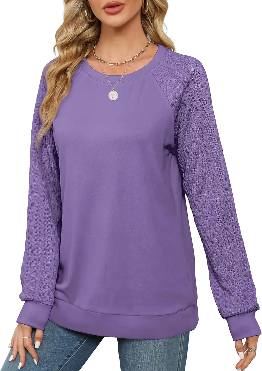 Saloogoe Sweatshirts for Women Crewneck Cable Knit Sleeve Sweaters Lightweight Fashion 2024
