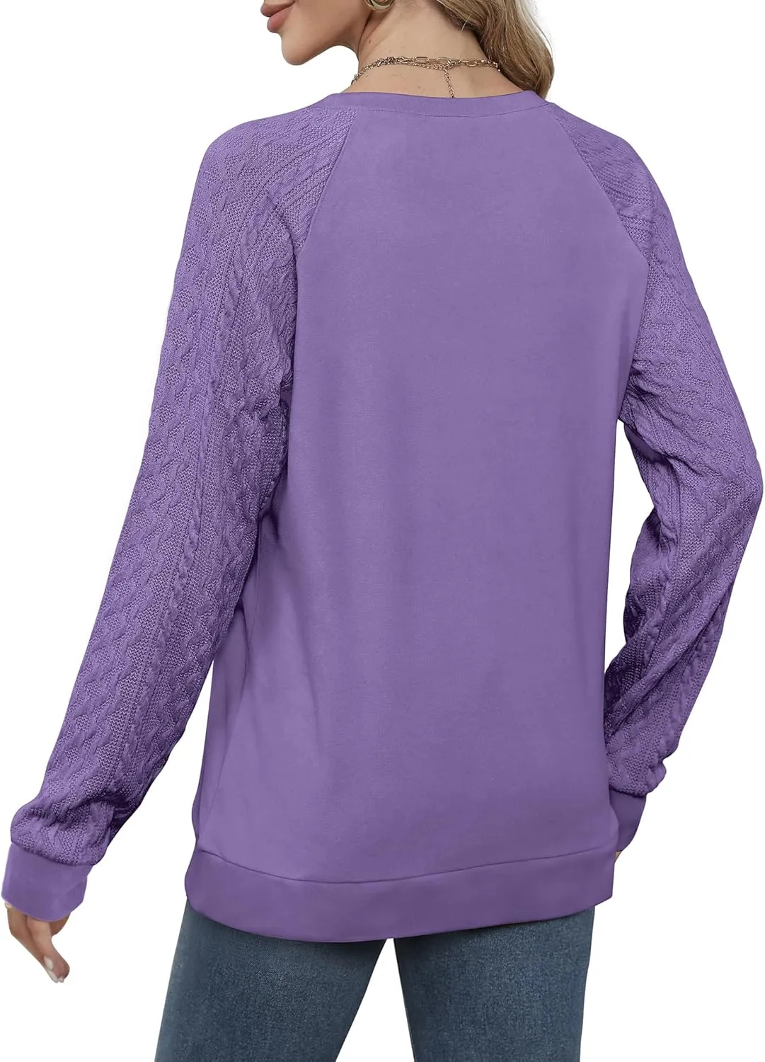 Saloogoe Sweatshirts for Women Crewneck Cable Knit Sleeve Sweaters Lightweight Fashion 2024
