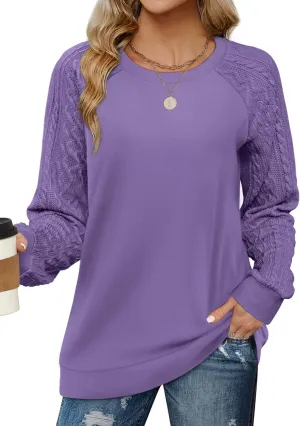 Saloogoe Sweatshirts for Women Crewneck Cable Knit Sleeve Sweaters Lightweight Fashion 2024
