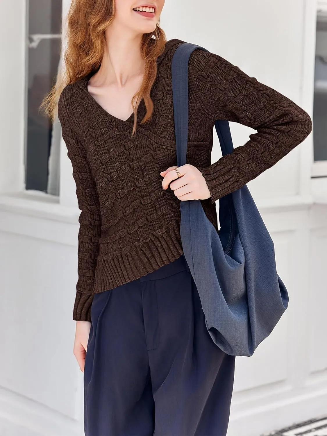 Saodimallsu Womens Cropped Sweaters V Neck Hooded Cable Knit Long Sleeve Asymmetrical Soft Pullover Crop Tops