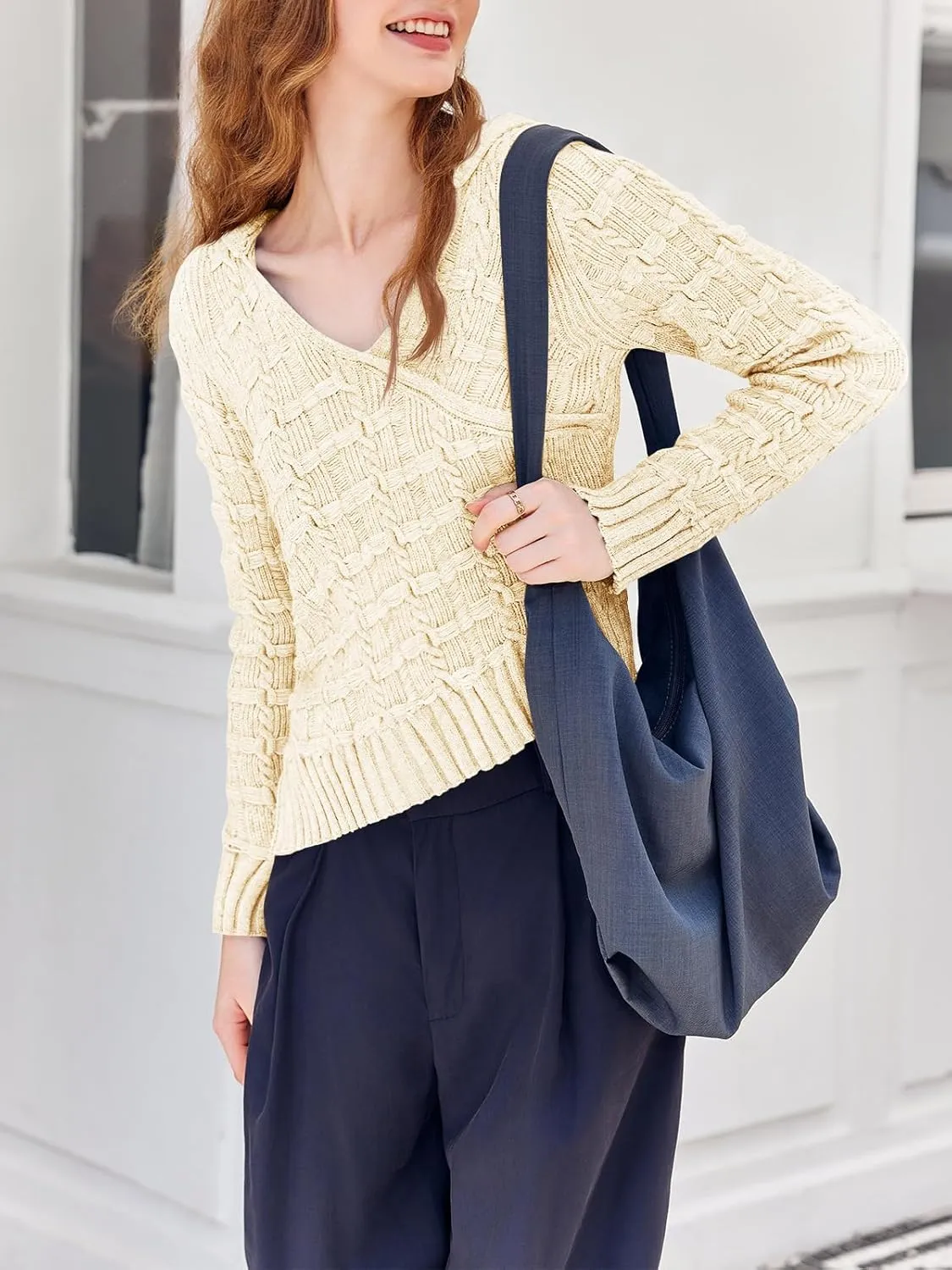 Saodimallsu Womens Cropped Sweaters V Neck Hooded Cable Knit Long Sleeve Asymmetrical Soft Pullover Crop Tops