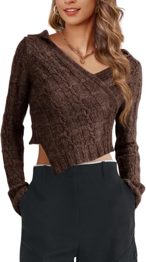 Saodimallsu Womens Cropped Sweaters V Neck Hooded Cable Knit Long Sleeve Asymmetrical Soft Pullover Crop Tops