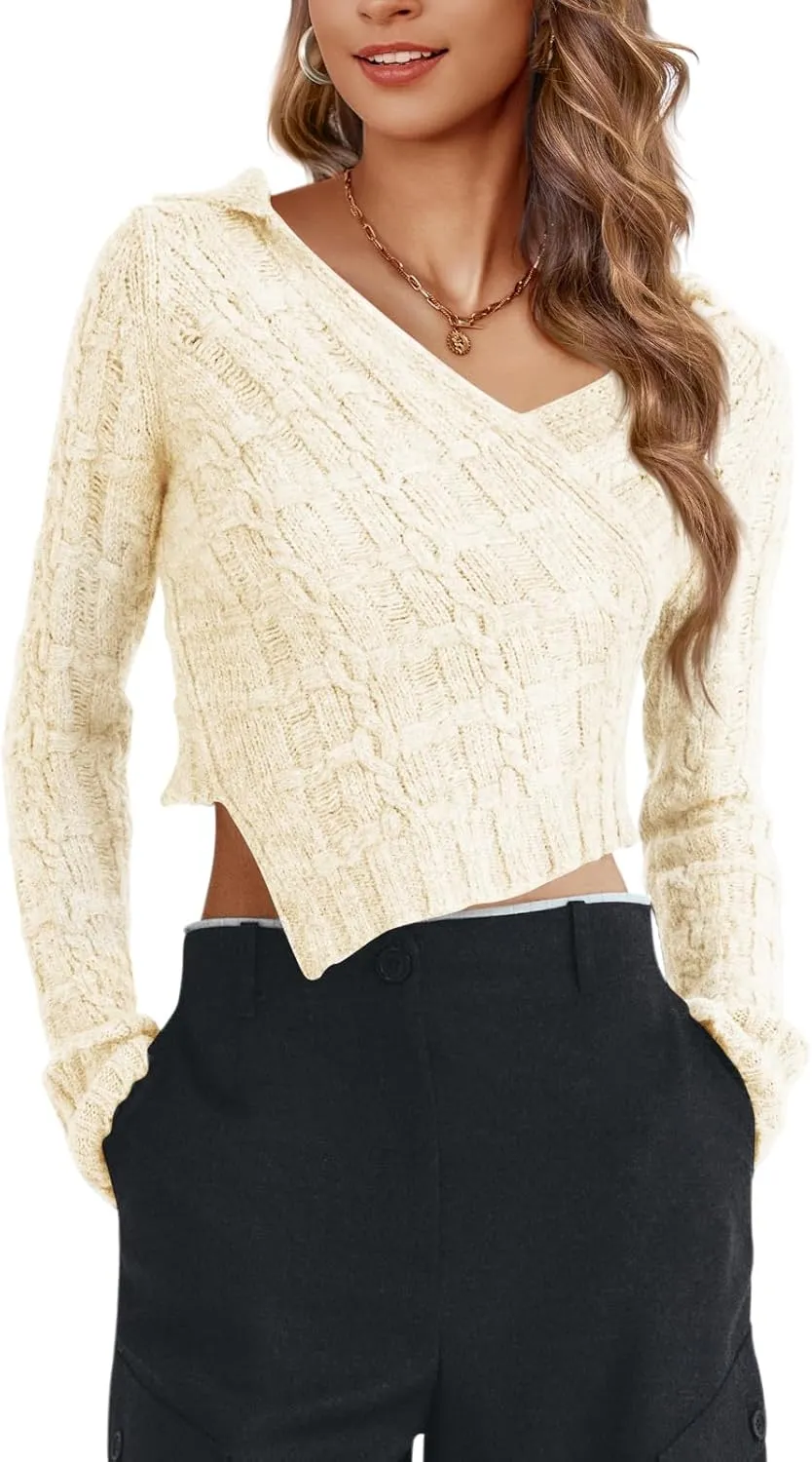 Saodimallsu Womens Cropped Sweaters V Neck Hooded Cable Knit Long Sleeve Asymmetrical Soft Pullover Crop Tops