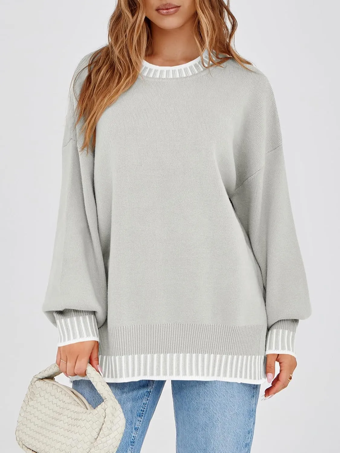 Saodimallsu Womens Oversized Sweaters Crewneck Color Block Winter Sweater Lantern Sleeve Side Slit Knit Pullover Tops