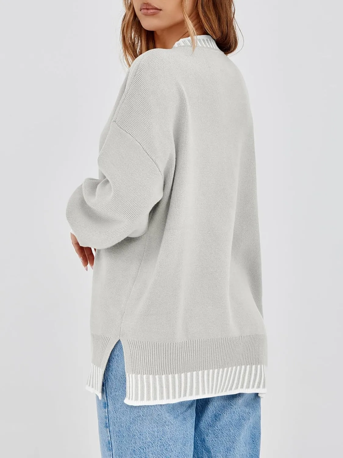 Saodimallsu Womens Oversized Sweaters Crewneck Color Block Winter Sweater Lantern Sleeve Side Slit Knit Pullover Tops