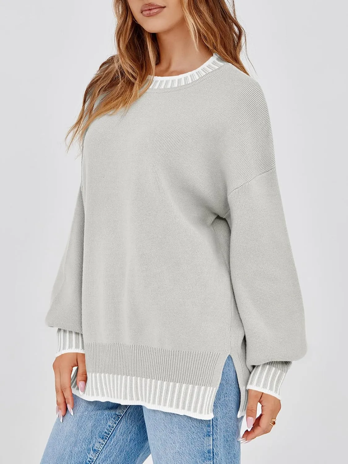 Saodimallsu Womens Oversized Sweaters Crewneck Color Block Winter Sweater Lantern Sleeve Side Slit Knit Pullover Tops