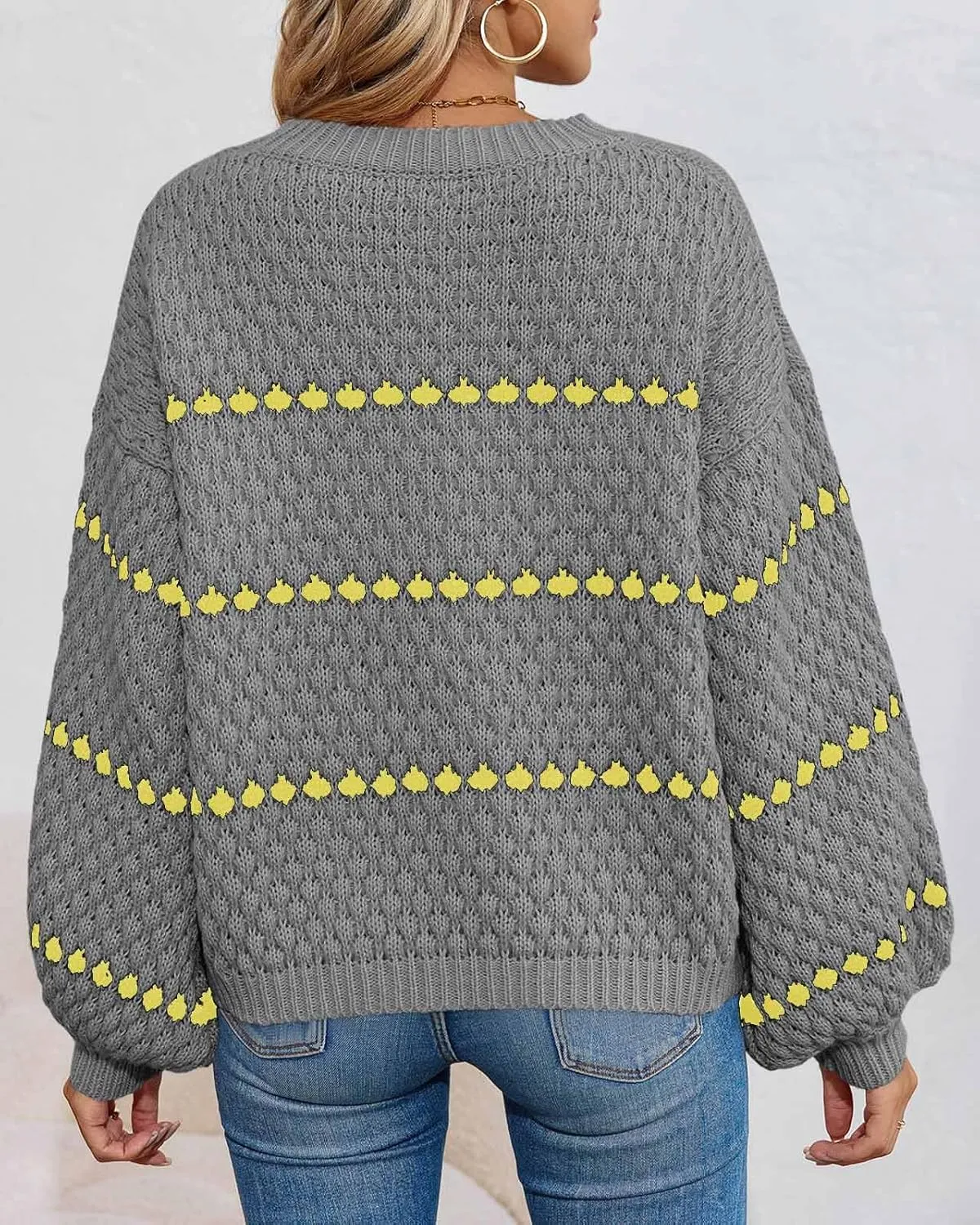 Saodimallsu Womens Oversized Sweaters Striped Long Lantern Sleeve Crew Neck Fall Trendy Knit Pullover Sweater