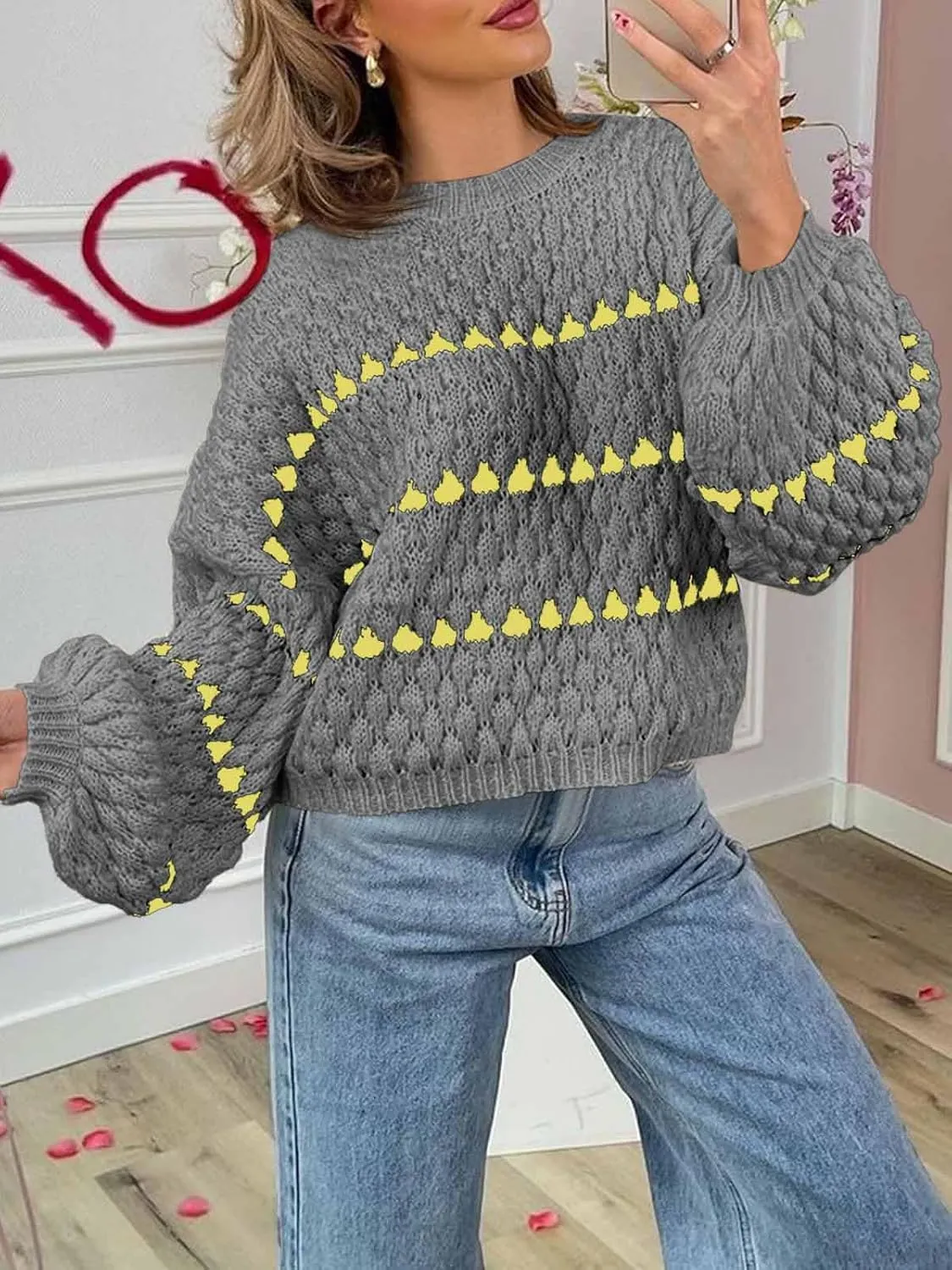 Saodimallsu Womens Oversized Sweaters Striped Long Lantern Sleeve Crew Neck Fall Trendy Knit Pullover Sweater