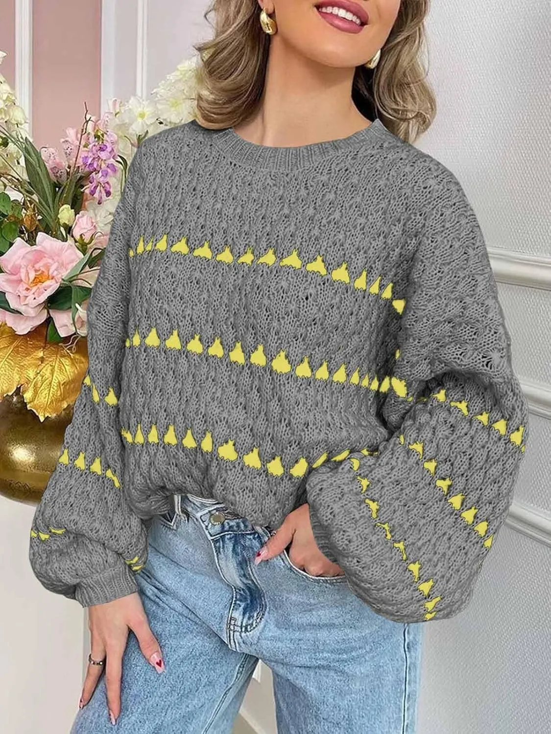 Saodimallsu Womens Oversized Sweaters Striped Long Lantern Sleeve Crew Neck Fall Trendy Knit Pullover Sweater