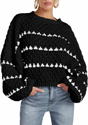 Saodimallsu Womens Oversized Sweaters Striped Long Lantern Sleeve Crew Neck Fall Trendy Knit Pullover Sweater