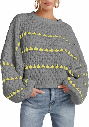 Saodimallsu Womens Oversized Sweaters Striped Long Lantern Sleeve Crew Neck Fall Trendy Knit Pullover Sweater