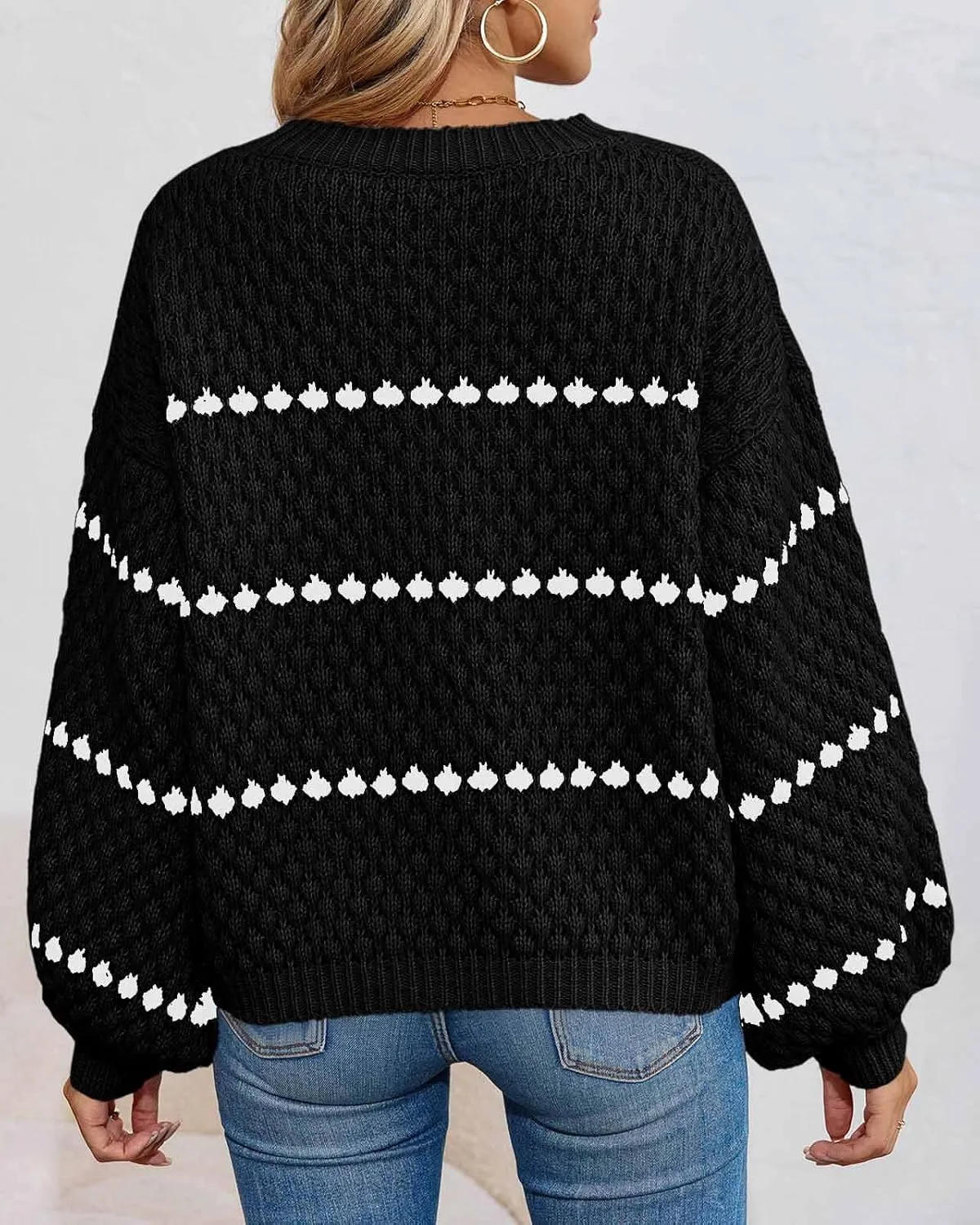 Saodimallsu Womens Oversized Sweaters Striped Long Lantern Sleeve Crew Neck Fall Trendy Knit Pullover Sweater