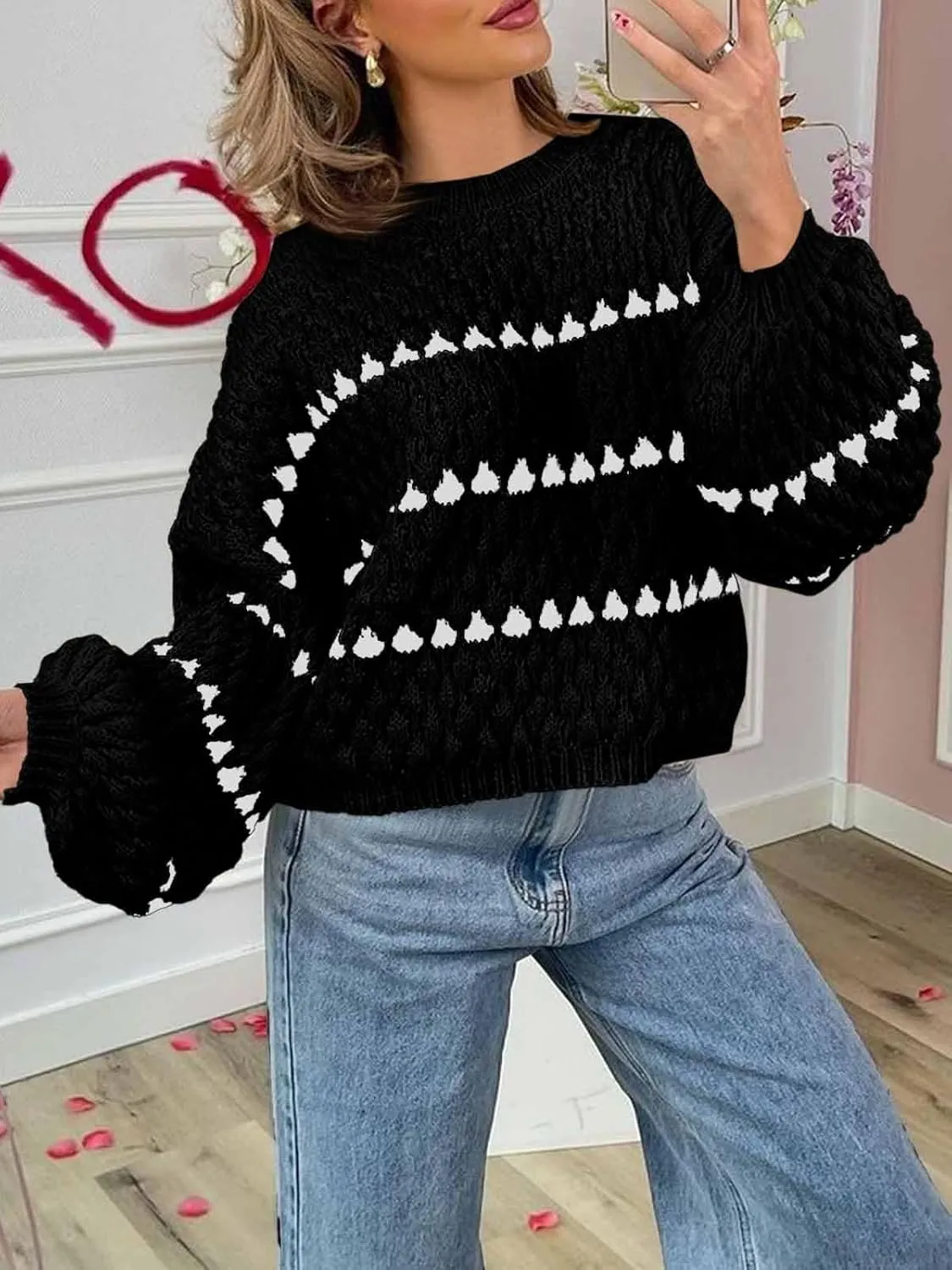 Saodimallsu Womens Oversized Sweaters Striped Long Lantern Sleeve Crew Neck Fall Trendy Knit Pullover Sweater