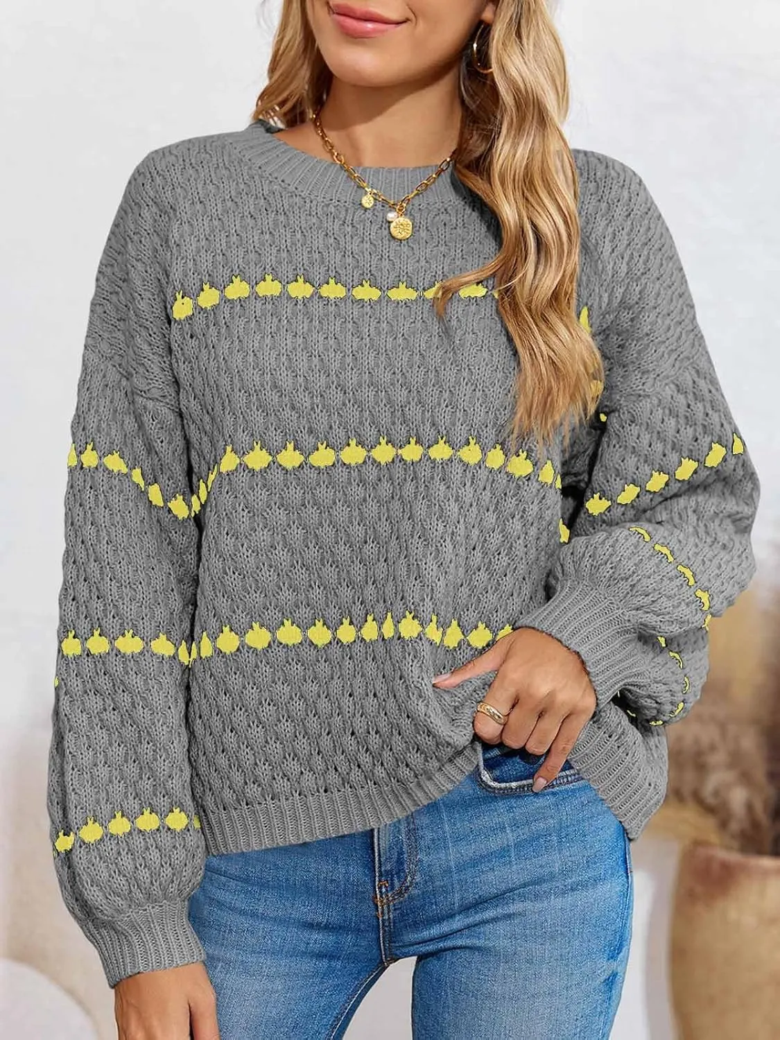 Saodimallsu Womens Oversized Sweaters Striped Long Lantern Sleeve Crew Neck Fall Trendy Knit Pullover Sweater