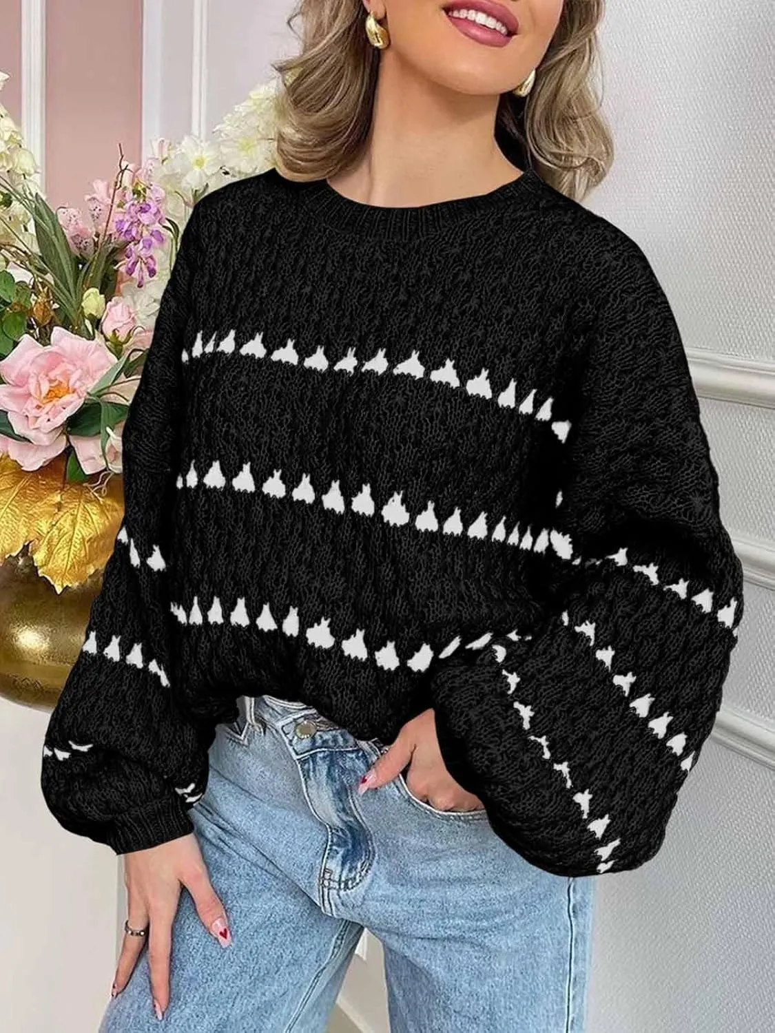 Saodimallsu Womens Oversized Sweaters Striped Long Lantern Sleeve Crew Neck Fall Trendy Knit Pullover Sweater
