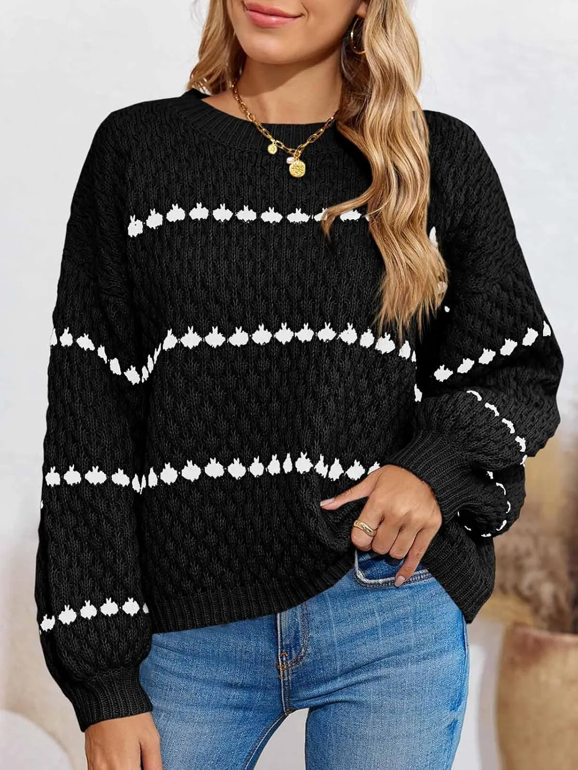 Saodimallsu Womens Oversized Sweaters Striped Long Lantern Sleeve Crew Neck Fall Trendy Knit Pullover Sweater