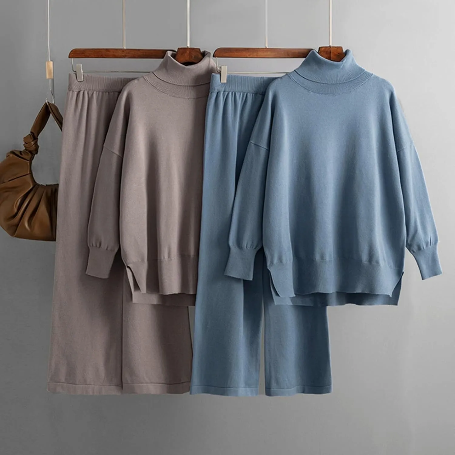 sdbrld Lounge Sets for Women 2 Piece,Womens Matching Lounge Set Long Sleeve High Neck Knit Sweater Wide Leg Pants Set Outfits