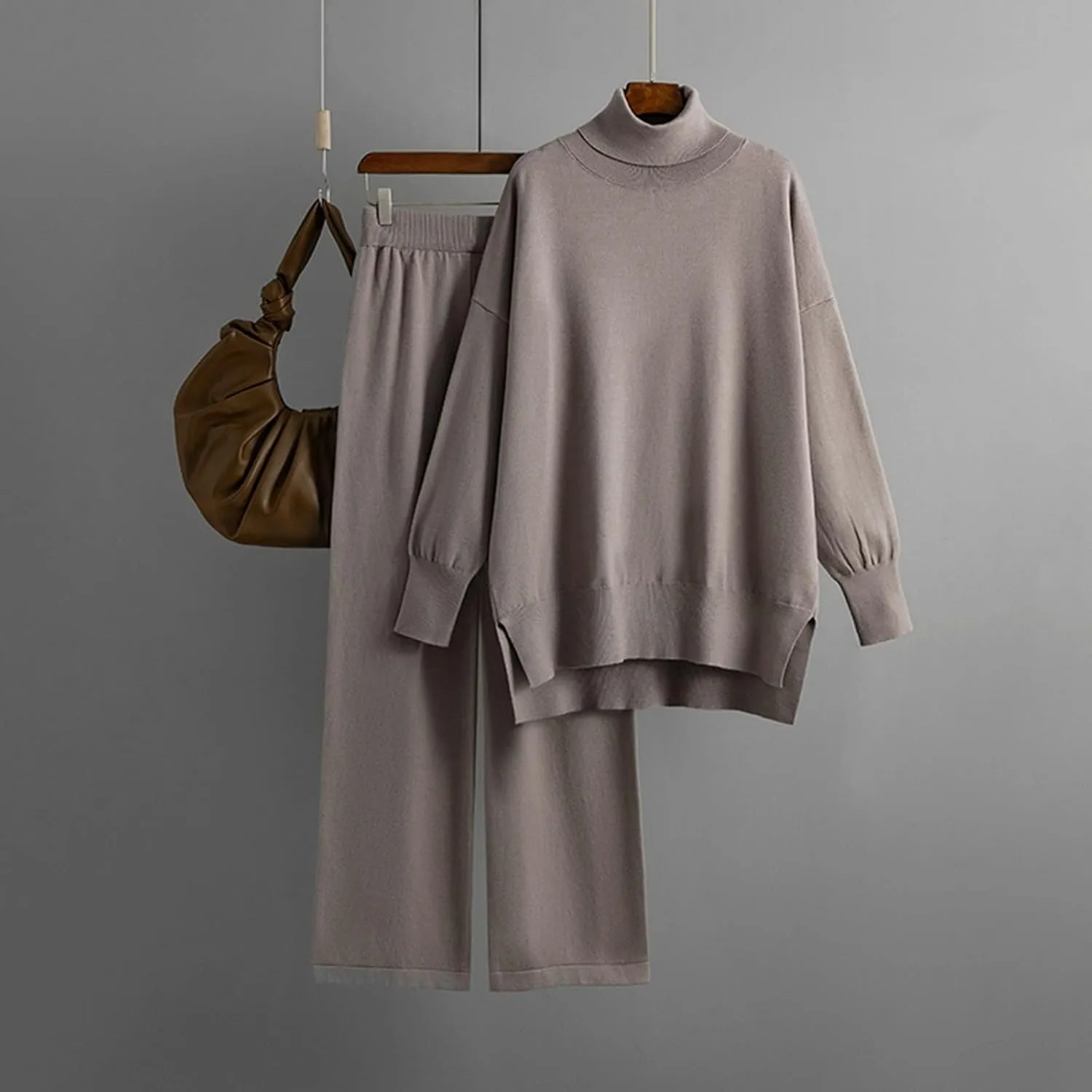 sdbrld Lounge Sets for Women 2 Piece,Womens Matching Lounge Set Long Sleeve High Neck Knit Sweater Wide Leg Pants Set Outfits