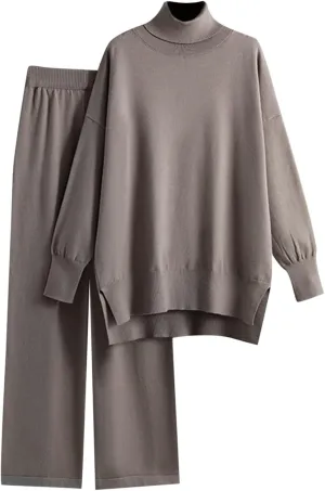 sdbrld Lounge Sets for Women 2 Piece,Womens Matching Lounge Set Long Sleeve High Neck Knit Sweater Wide Leg Pants Set Outfits