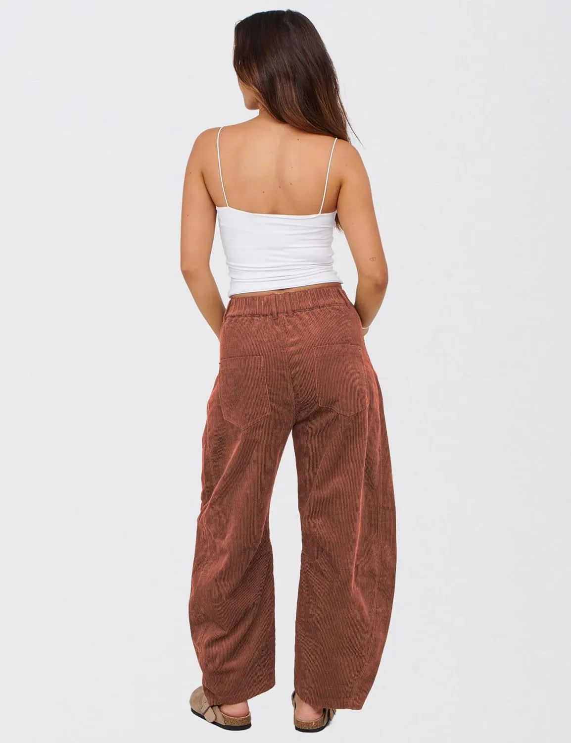 SeekMe Women's Corduroy Pants Barrel Mid-Rise Elastic Waist Cord Pants Casual Wide Leg Baggy Trouser with Pockets