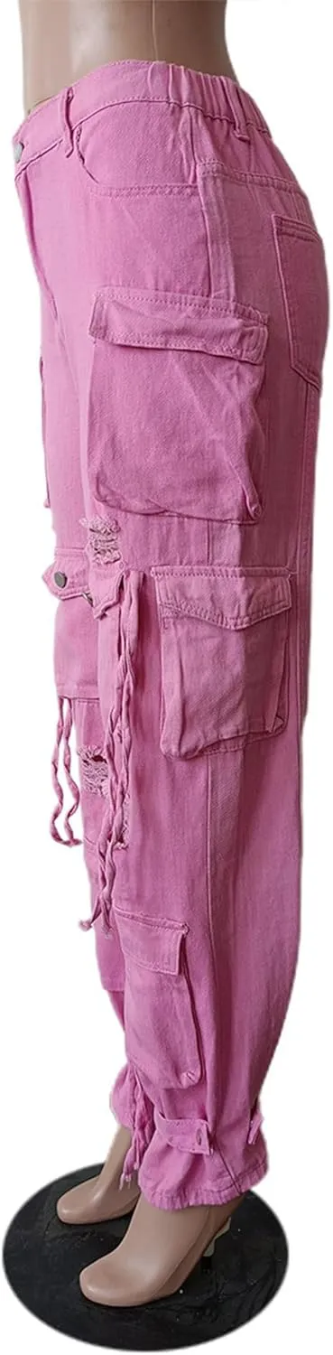 Sexyshine Women's High Waist Cargo Jeans Pants Y2K Baggy Loose Distressed Ripped Long Denim Pants with Multi Pockets