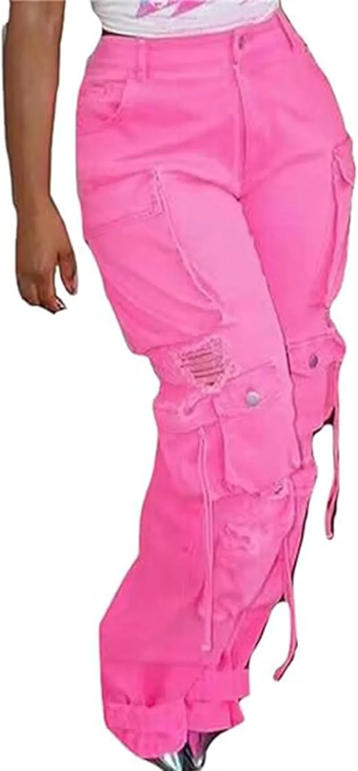 Sexyshine Women's High Waist Cargo Jeans Pants Y2K Baggy Loose Distressed Ripped Long Denim Pants with Multi Pockets