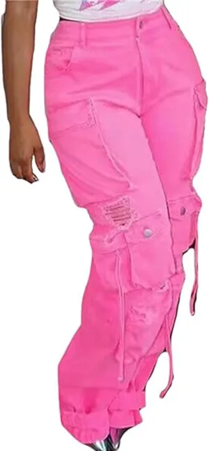 Sexyshine Women's High Waist Cargo Jeans Pants Y2K Baggy Loose Distressed Ripped Long Denim Pants with Multi Pockets