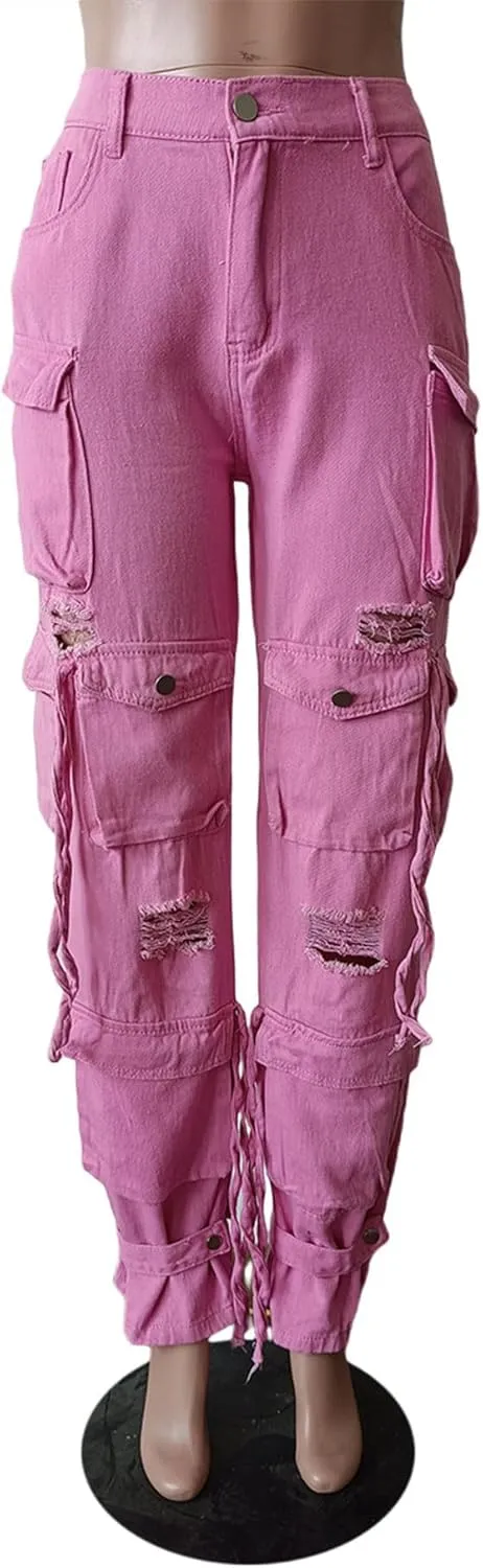 Sexyshine Women's High Waist Cargo Jeans Pants Y2K Baggy Loose Distressed Ripped Long Denim Pants with Multi Pockets