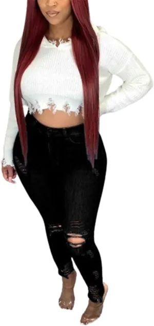 Sexyshine Women's Plus Size Casual High Waist Skinny Jeans Stretch Ripped Distressed Destroyed Hole Long Denim Pants