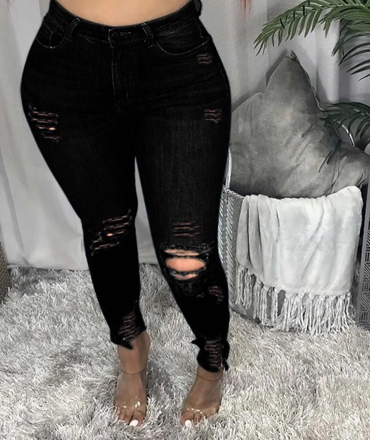 Sexyshine Women's Plus Size Casual High Waist Skinny Jeans Stretch Ripped Distressed Destroyed Hole Long Denim Pants
