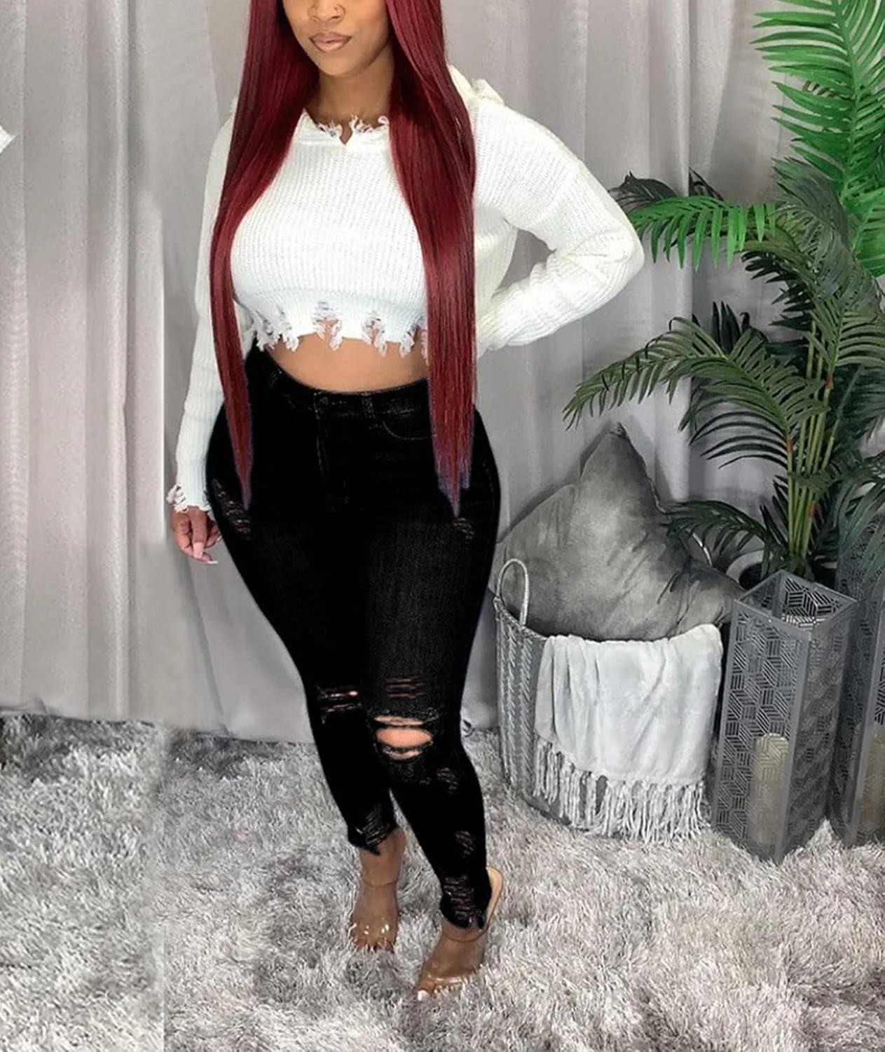 Sexyshine Women's Plus Size Casual High Waist Skinny Jeans Stretch Ripped Distressed Destroyed Hole Long Denim Pants