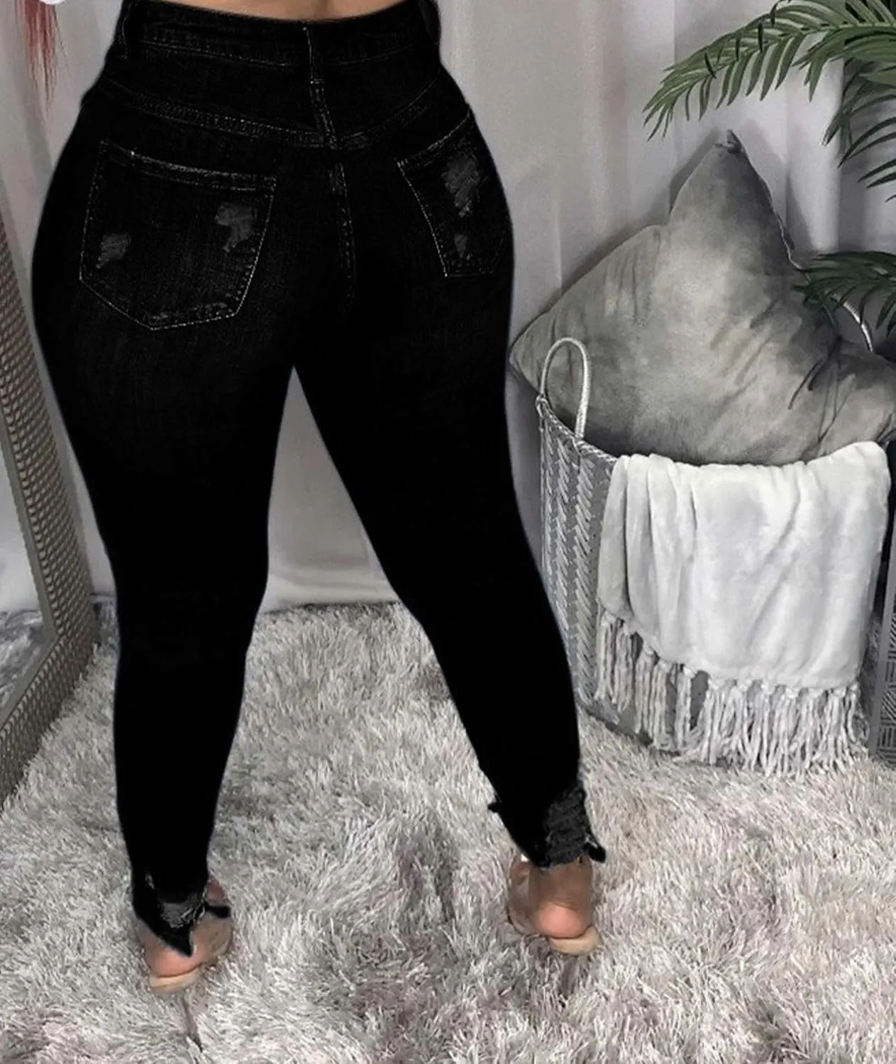 Sexyshine Women's Plus Size Casual High Waist Skinny Jeans Stretch Ripped Distressed Destroyed Hole Long Denim Pants