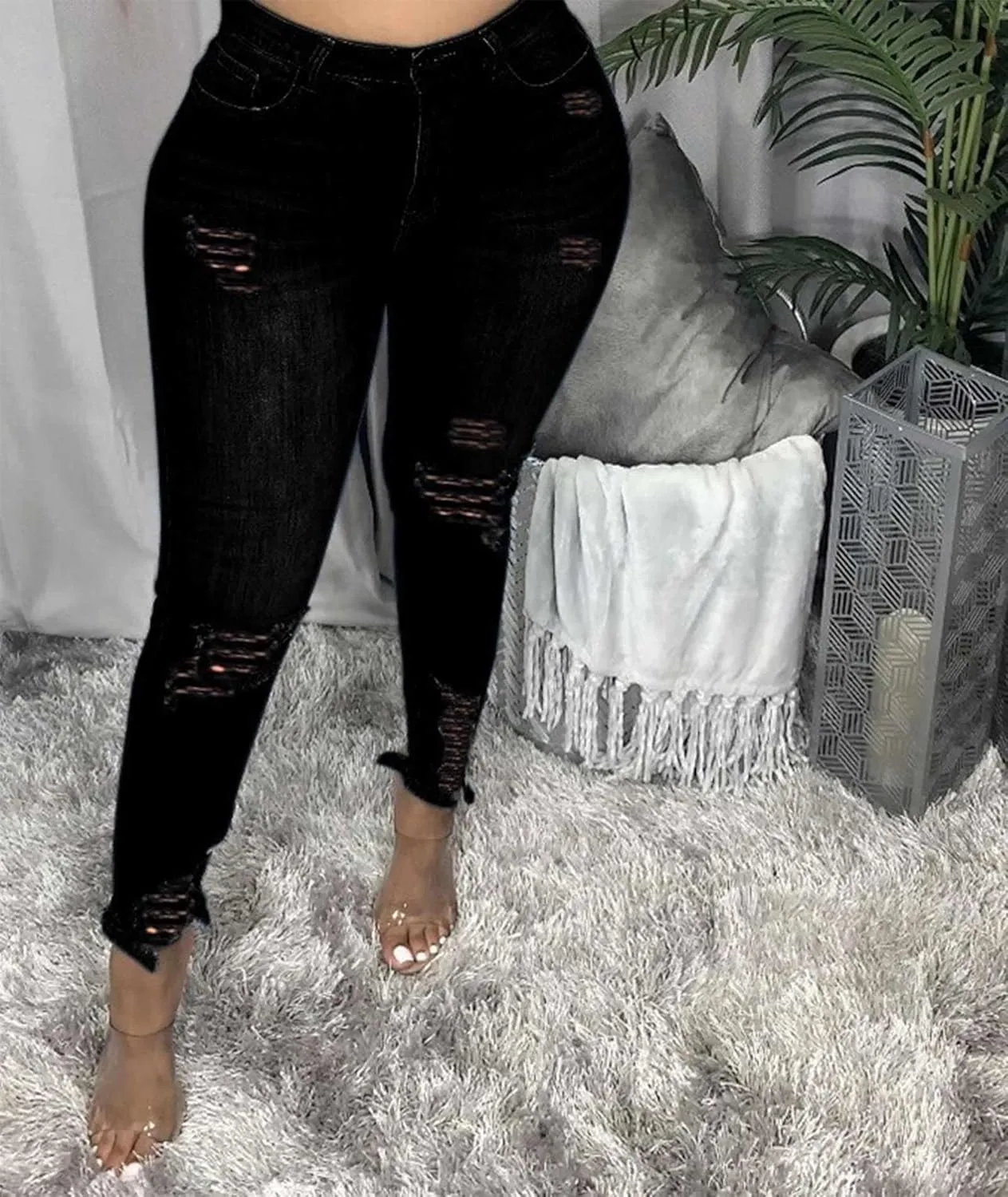 Sexyshine Women's Plus Size Casual High Waist Skinny Jeans Stretch Ripped Distressed Destroyed Hole Long Denim Pants