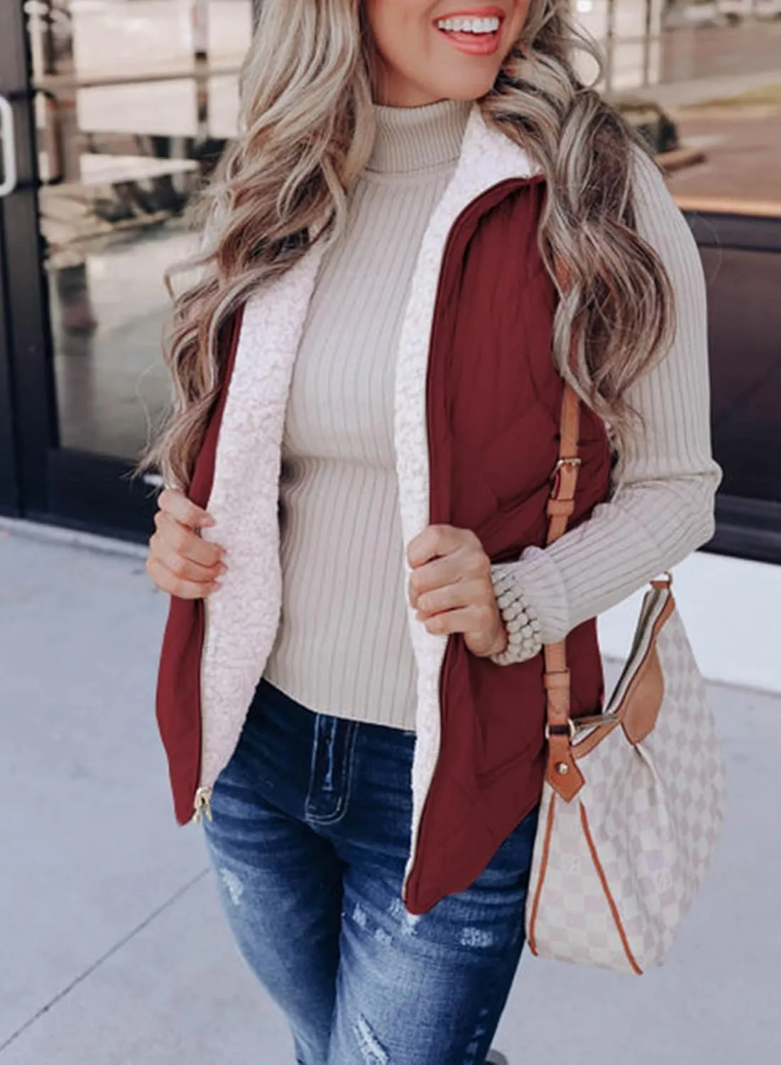 SHEWIN Women Puffer Vest Casual Stand Collar Sleeveless Puffer Jacket Warm Winter Reversible Zip Up Outerwear with Pockets