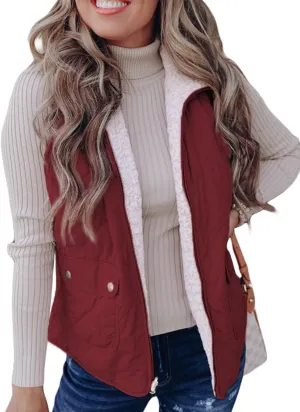 SHEWIN Women Puffer Vest Casual Stand Collar Sleeveless Puffer Jacket Warm Winter Reversible Zip Up Outerwear with Pockets