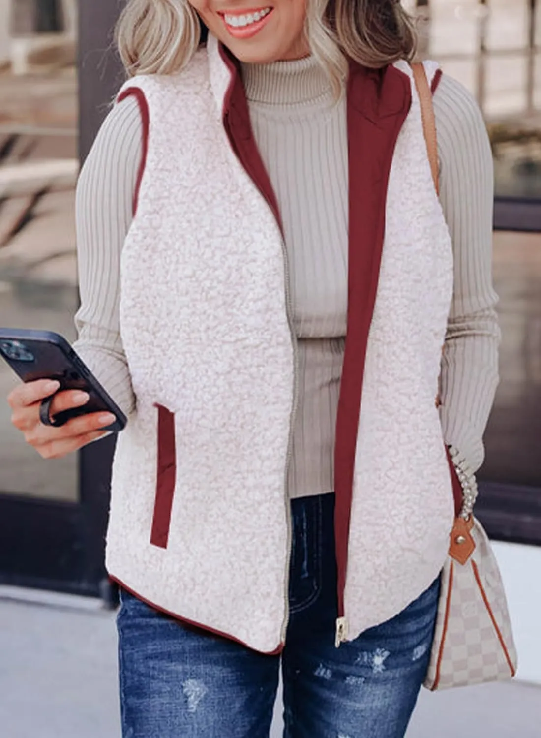 SHEWIN Women Puffer Vest Casual Stand Collar Sleeveless Puffer Jacket Warm Winter Reversible Zip Up Outerwear with Pockets