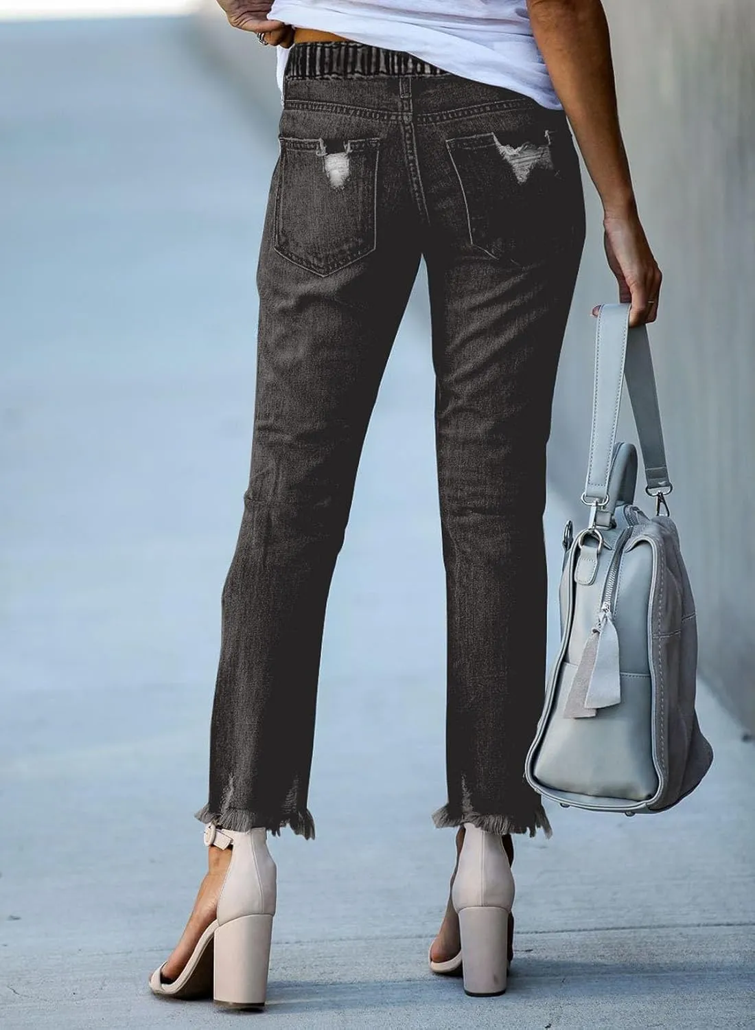 Sidefeel Womens Cargo Jeans High Waisted Ripped Denim Joggers Elastic Drawstring Waist Pants Pull On Trousers