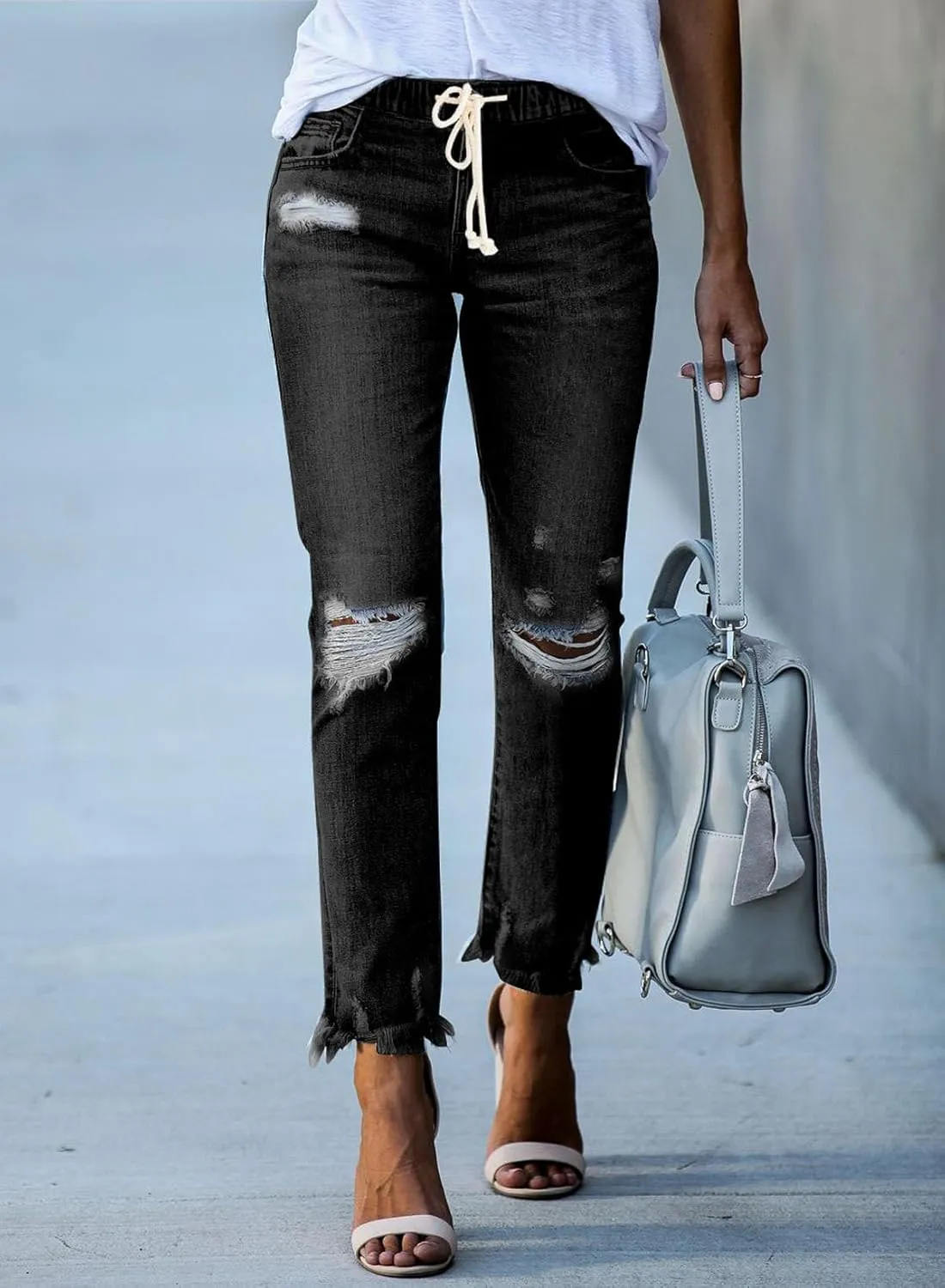 Sidefeel Womens Cargo Jeans High Waisted Ripped Denim Joggers Elastic Drawstring Waist Pants Pull On Trousers