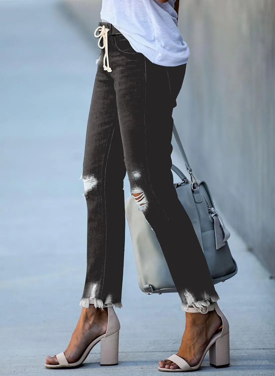 Sidefeel Womens Cargo Jeans High Waisted Ripped Denim Joggers Elastic Drawstring Waist Pants Pull On Trousers