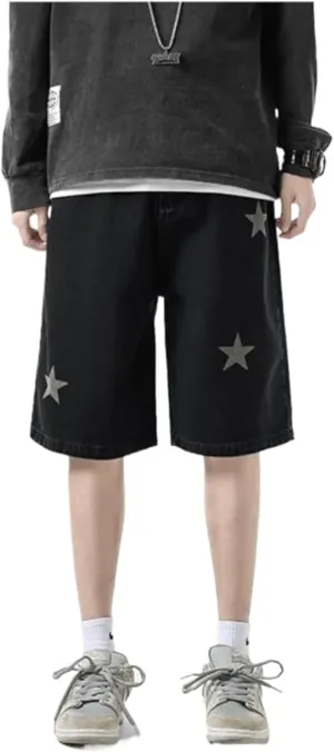 Star Print Wide Leg Denim Shorts High Waist Vintage Washed Loose Baggy Streetwear Casual Jean Shorts Jorts